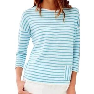 J Jill Striped Linen + Cotton Sweater in Aqua/Turquoise & White Size S EUC